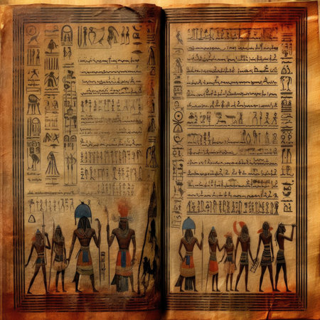 Ancient Egyptian hieroglyphs on an old book, grunge backgroundの素材