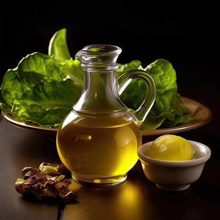 Lettuce oil in a glass decanter on a black backgroundの素材