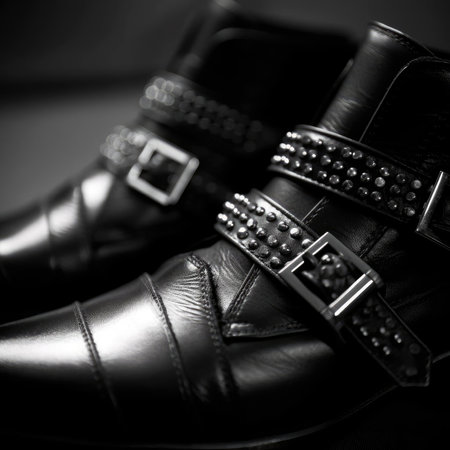 Black leather shoes with a belt - black and white photoの素材