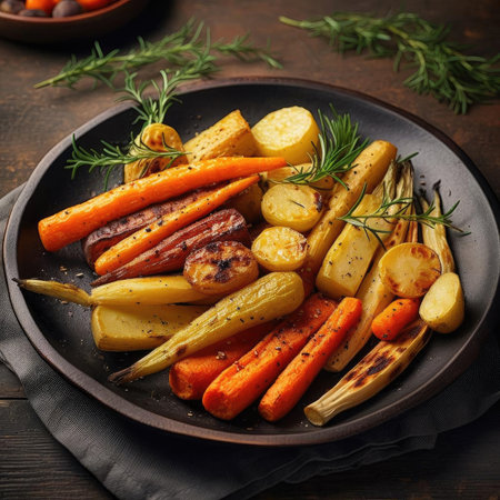 Baked potatoes and carrots with rosemary and spices on a plateの素材