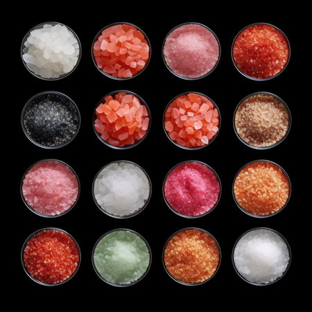 Set of colorful bath salts on black background - top viewの素材