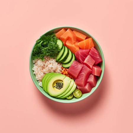 Bowl with salmon, tuna, avocado, and rice on pink backgroundの素材