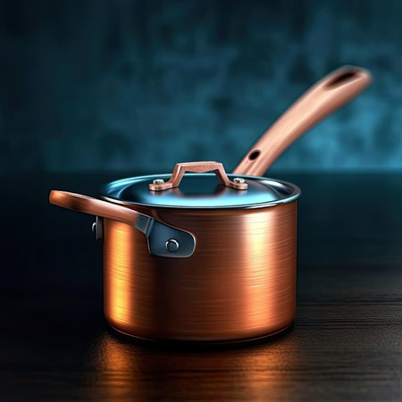 A copper pot with a wooden handle on a dark backgroundの素材