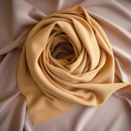 Close up of folds of beige satin fabric on white backgroundの素材