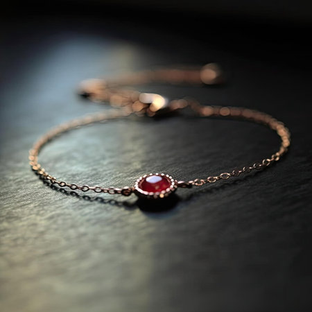Necklace with red gemstone on dark backgroundの素材