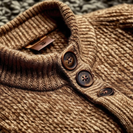 Close up of a woolen brown sweater with buttons on a knitted backgroundの素材