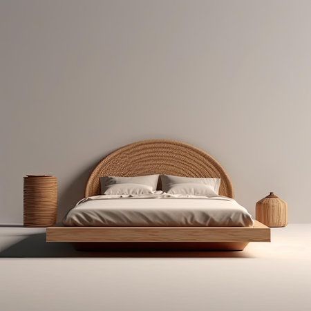A modern bedroom with a wooden bed and a wicker basketの素材