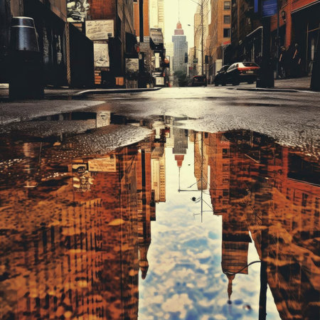 Reflection of buildings in a puddle on a streetの素材
