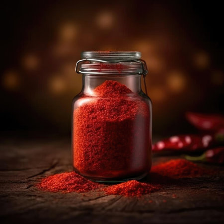 Red chili powder in glass jar on wooden table with blur lights backgroundの素材