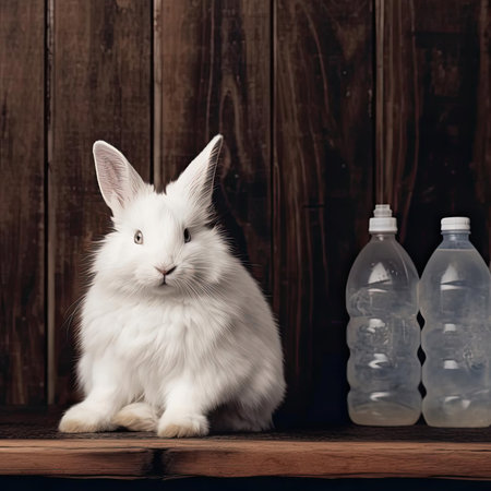 Rabbit and plastic bottles of water on wooden backgroundの素材