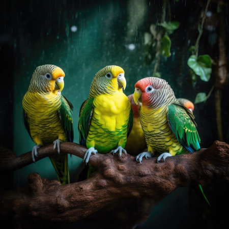 Colorful parrots sitting on a tree branchの素材