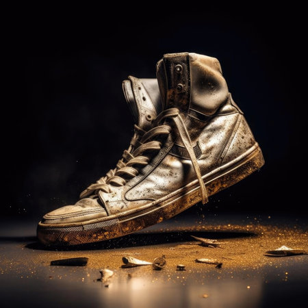 Old worn out sneakers on a dark background with golden dustの素材