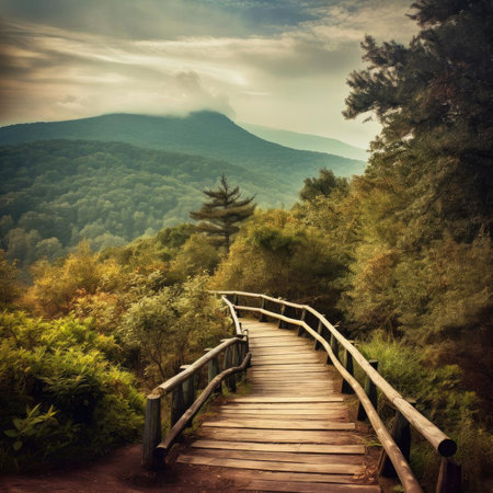 Wooden walkway in the mountains - beautiful summer landscape - vintage styleの素材
