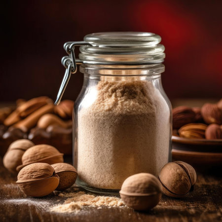 Powdered nutmeg in a glass jar on a wooden tableの素材