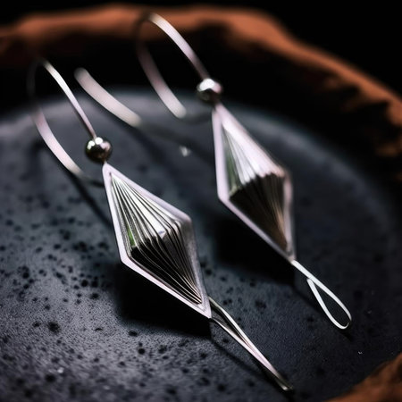 Silver earrings in a metal case on a black background - close upの素材