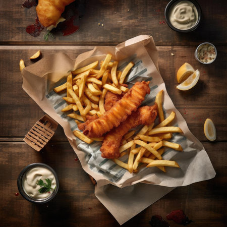 Fish and chips on a wooden table - fish and chips on a wooden backgroundの素材