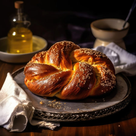 Sweet braided challah bread with sesame seeds on a dark backgroundの素材