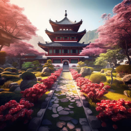Beautiful chinese temple in blooming cherry blossom gardenの素材