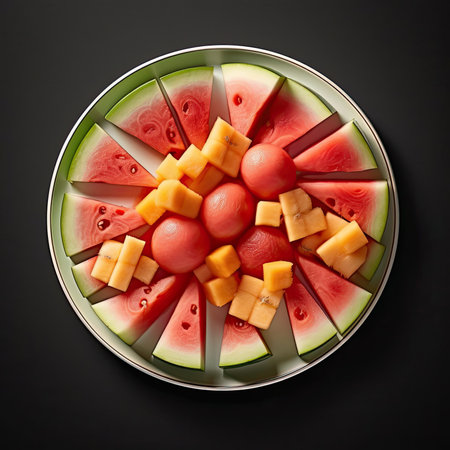 Fruit salad with watermelon and melon on a black backgroundの素材