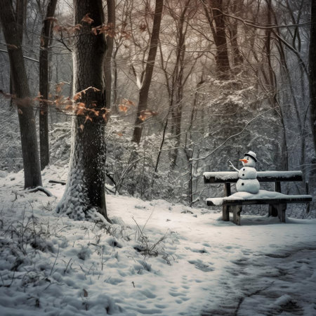 Snowman sitting on a bench in the winter forest - winter landscapeの素材