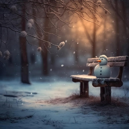 Snowman sitting on a bench in the winter forest at nightの素材