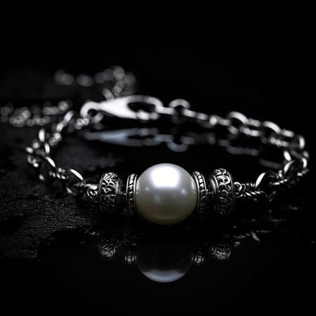 Necklace in close-up with a pearl on a black backgroundの素材