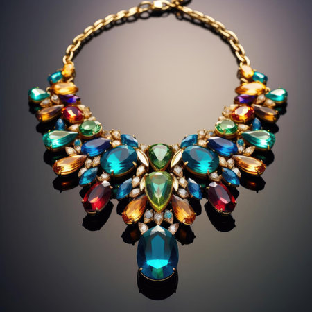 Necklace with multicolored stones on a white backgroundの素材