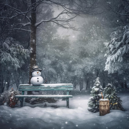 Snowman on bench in winter forestの素材