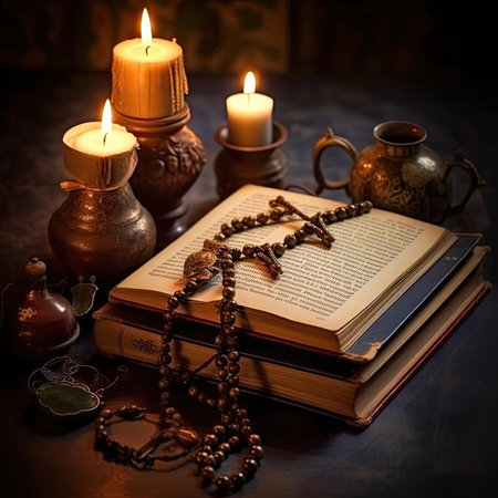 Bible, rosary beads, and old candlesticks on dark backgroundの素材