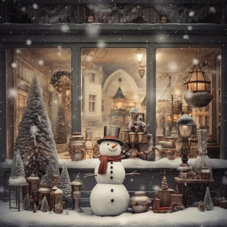 Christmas snowman on the background of the window of the old townの素材