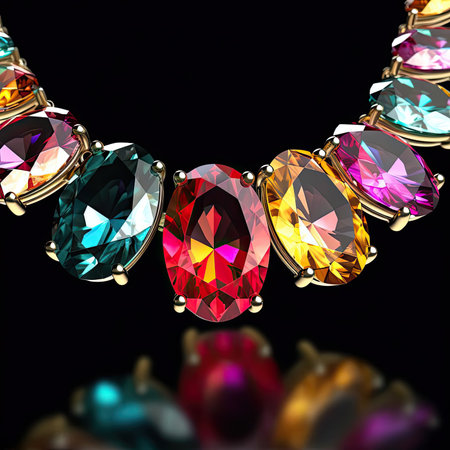 A stunning multi-colored gemstone necklace featuring oval-shaped stones of varying sizesの素材