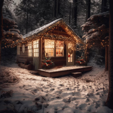 Christmas cottage in winter forestの素材