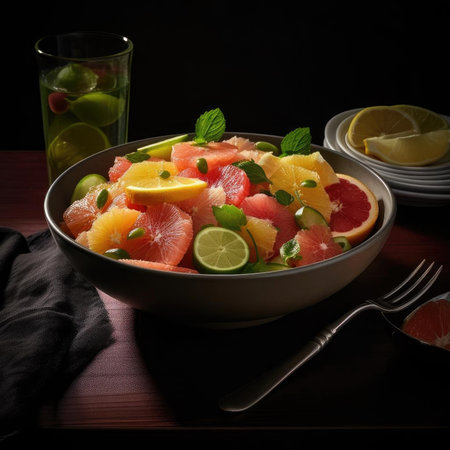 Fruit salad with grapefruit, orange, lime, and mint in a bowlの素材