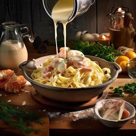 Tagliatelle with Alfredo sauce on a wooden backgroundの素材