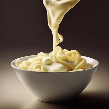 Close up of a bowl of paste with Alfredo sauce on a dark backgroundの素材