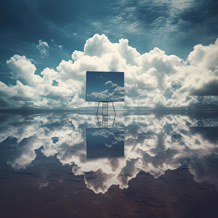 A surreal and abstract landscape with a mirror reflection of the sky and clouds in a still lakeの素材
