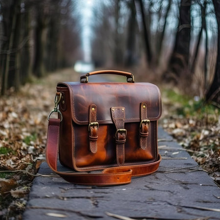 Brown leather briefcase on the path in the forest - travel conceptの素材