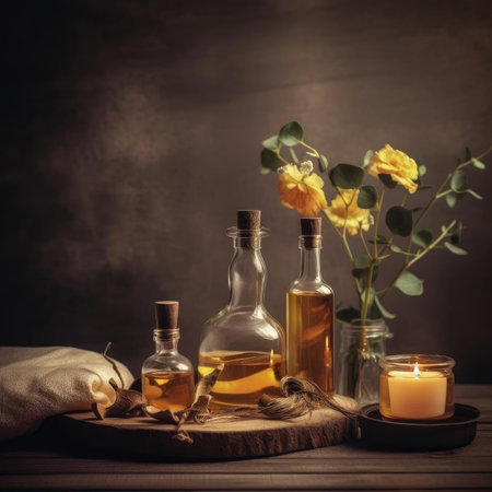 Spa still life with oil, candles, and flowers on dark backgroundの素材