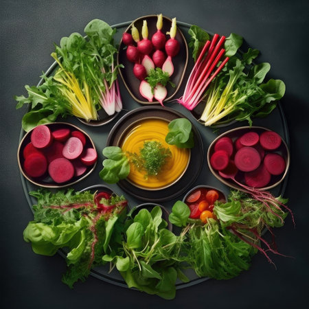 Various types of fresh vegetables on a black background - top viewの素材