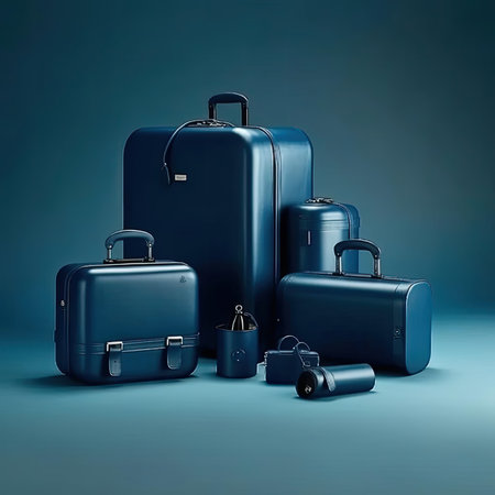 Black travel bags on a blue backgroundの素材