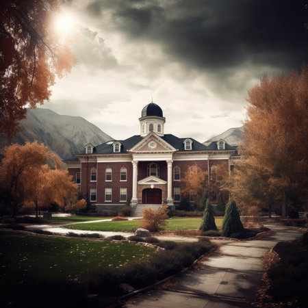 Old school building in the park with dramatic skyの素材