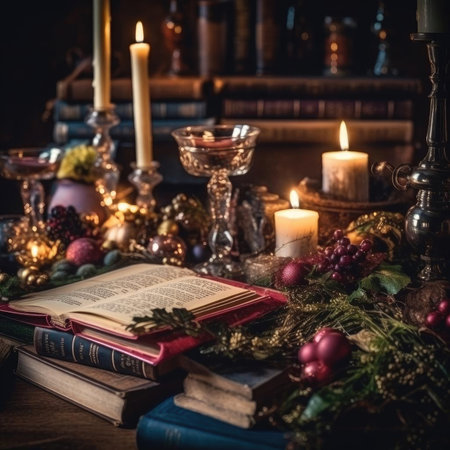 A tabletop decorated with lots of Christmas decorations, books, and candlesの素材