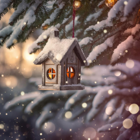 Christmas card with a birdhouse in the snowの素材