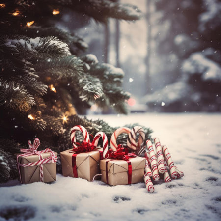 Gifts, candy canes, and Christmas tree in snowの素材
