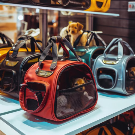 A variety of pet carriers in different sizes and styles for cats and dogs at a pet shopの素材