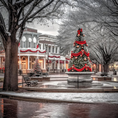 Beautiful Christmas tree with red baubles on the city streetの素材