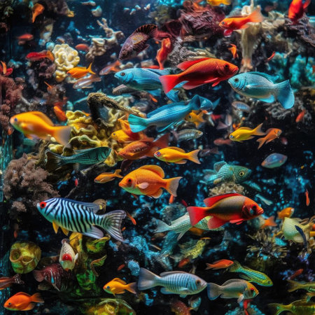 A tank filled with brightly colored tropical fish at a pet storeの素材