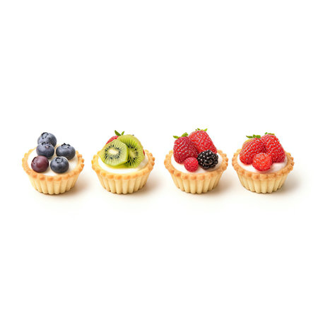 A tray of bite-sized fruit tarts with fresh berries and a dusting of powdered sugarの素材