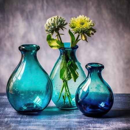 A trio of glass vases in varying shades of blue, perfect for displaying flowersの素材