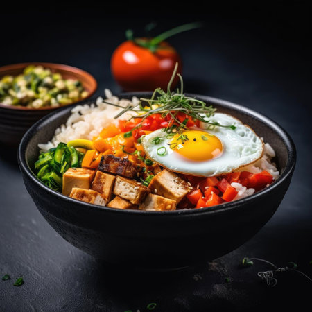A vibrant bowl of vegetarian bibimbap with crispy tofu, colorful vegetables, and a fried eggの素材